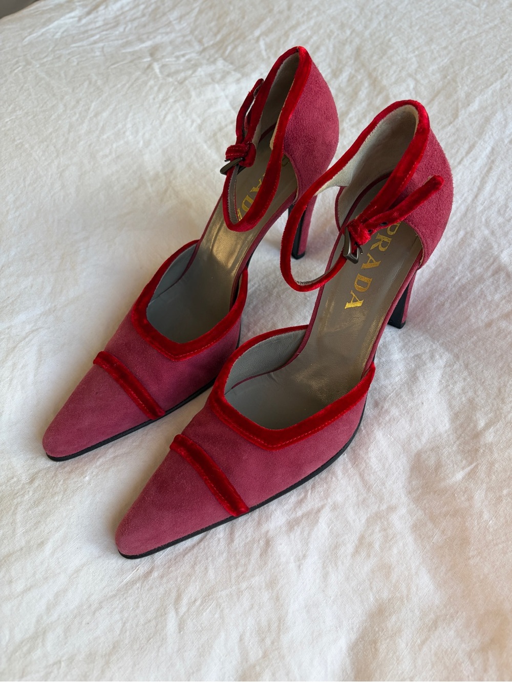 Vintage Prada Suede Velvet Trim Pointy Toe Ankle Strap Heels Hot Pink Red 90s
